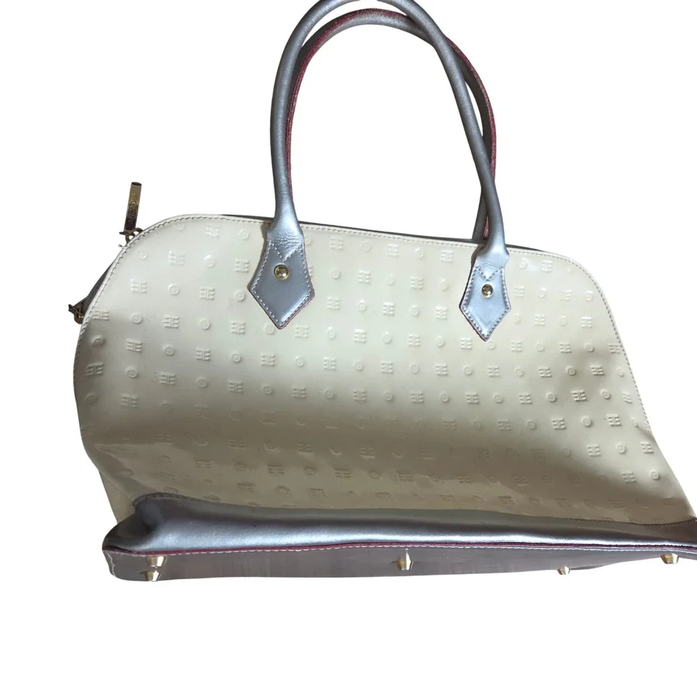 Arcadia Patent Leather Monogram All Over Embossed Satchel Handbag Cream Retro
